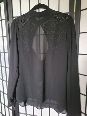 Black Lace-Accent Long Sleeve Blouse - Women